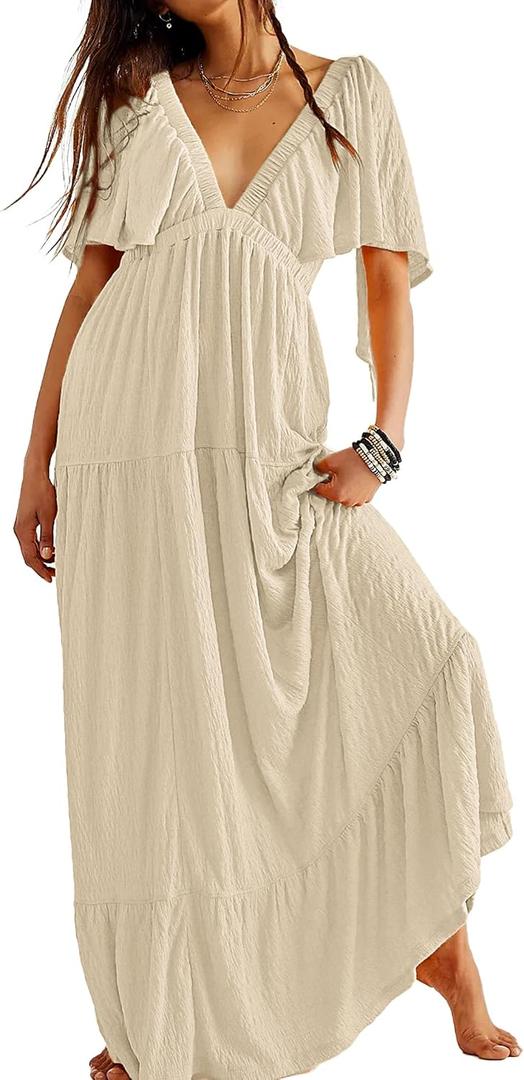 Kikibell Women Summer Dresses Sexy V-Neck Maxi Dress Tiered Silhouette with Flutter Sleeve Backless Elastic Waist Flowy Dress (Beige, L)