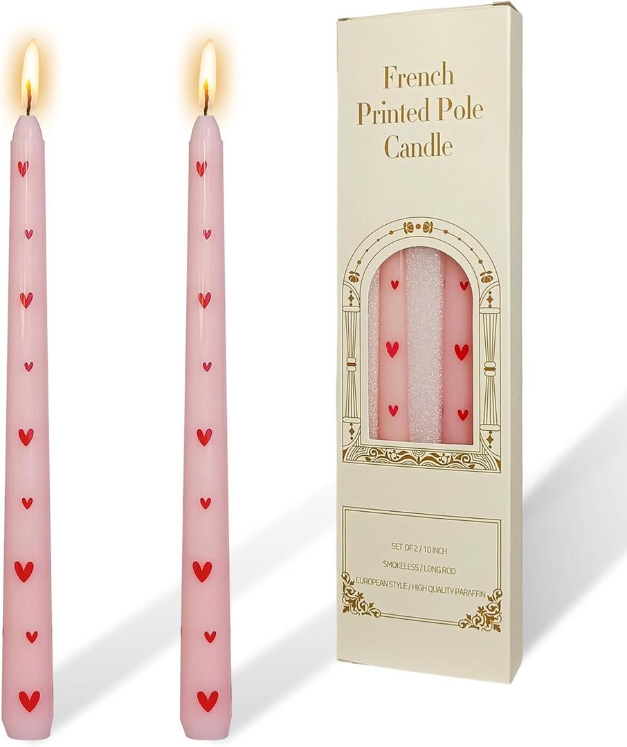 Pretty Pink Little Heart Taper Candle Sticks - Colorful candlesticks Unscented Party Gift Holiday Dinner Table Decorations 10 inch Set of 2