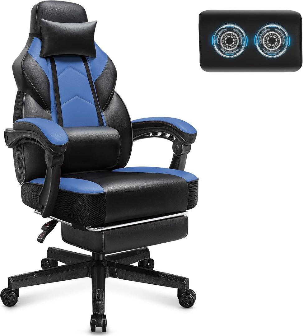 Video Game Chair for Adults, Gaming Chair with Footrest, Big and Tall Computer Chair with Massage Lumbar Support 330lbs Weight Capacity, Adjustable Height, 360 Swivel Seat and Headrest (Blue)