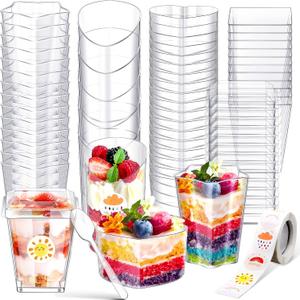 60 Pcs Clear Plastic Dessert Cups with Lids and Spoons Set Party Mini Square Heart Parfait Cups Slanted Round Fruit Pudding Pentagram Appetizer Cups Shooter Cups Dessert Containers and Stickers