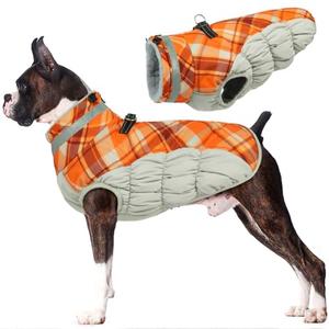 Lelepet Warm Dog Winter Coat Dog Coats for Large Dogs Waterproof Dogs Jacket with Harness Built in Reflective Cold Weather Coats Windproof Zip-Up Winter Fleece Vest Snowsuit Boxer Orange Plaid XL