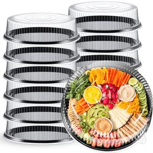 Amyhill 12 Pieces Serving Trays with Lid 18 Inch Plastic Party Platters with Lids Heavy Duty Black Round Large Stackable Plastic Catering Food Tray for Serving Appetizers Veggie Takeout Food Picnic