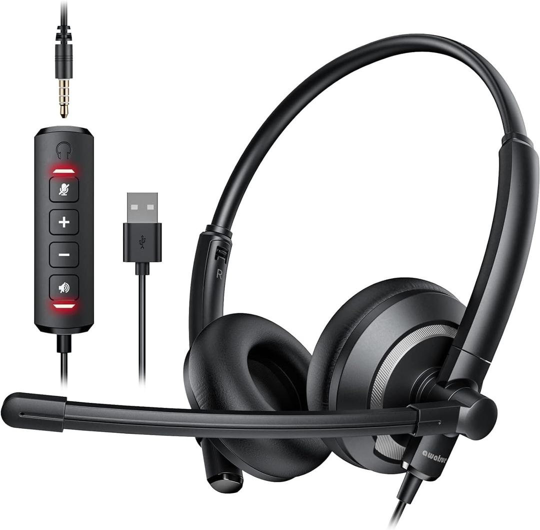 Computer USB Headset with Microphone for PC - Headphones with Noise Cancelling Microphone On Ear Wired Headset Mic Mute for WFH Call Center Office Online Class Skype Zoom (Black)