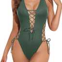 Tempt Me Women Sexy Lace Up One Piece Swimsuit Deep Plunge V Neck High Cut Bathing Suits (Large, Green)
