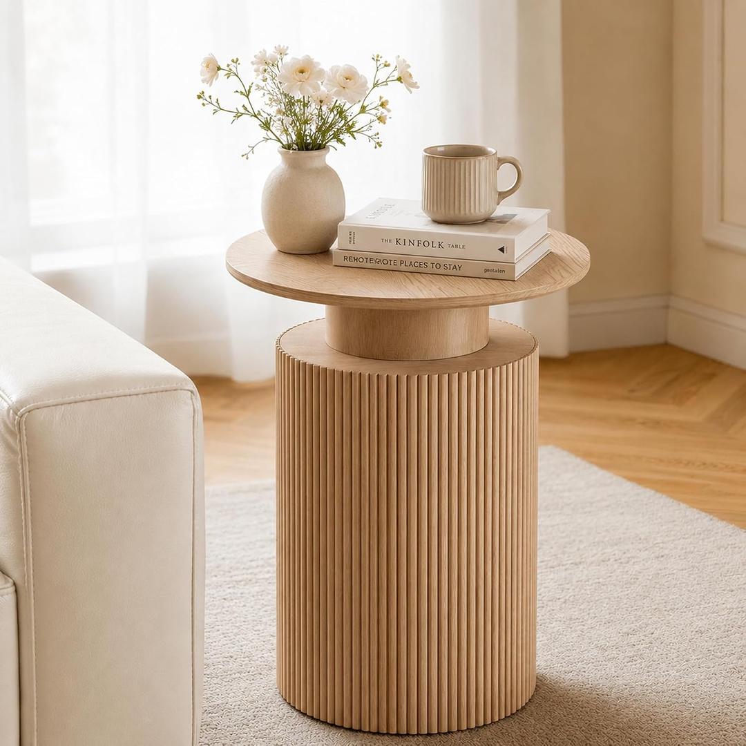 24" Fluted End Table Reversible, Hidden Storage, Natural Oak