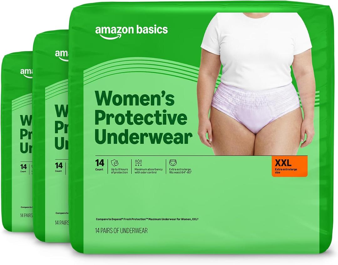 Amazon Basics Postpartum Incontinence Underwear for Women, Maximum Absorbency, Disposable, Bladder Leak Protection, Odor Control, XX-Large, Lavender, 42 Count (3 Packs of 14)