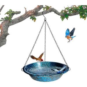 Hanging Bird Bath for Outdoors 11.4 inch Birdbath Bowl Window Birds Feeder with Rust-Proof Black Chains Hooks Metal Hanging BirdBaths Hanging Bird-Feeder for Garden Backyard Decor BlueBlack