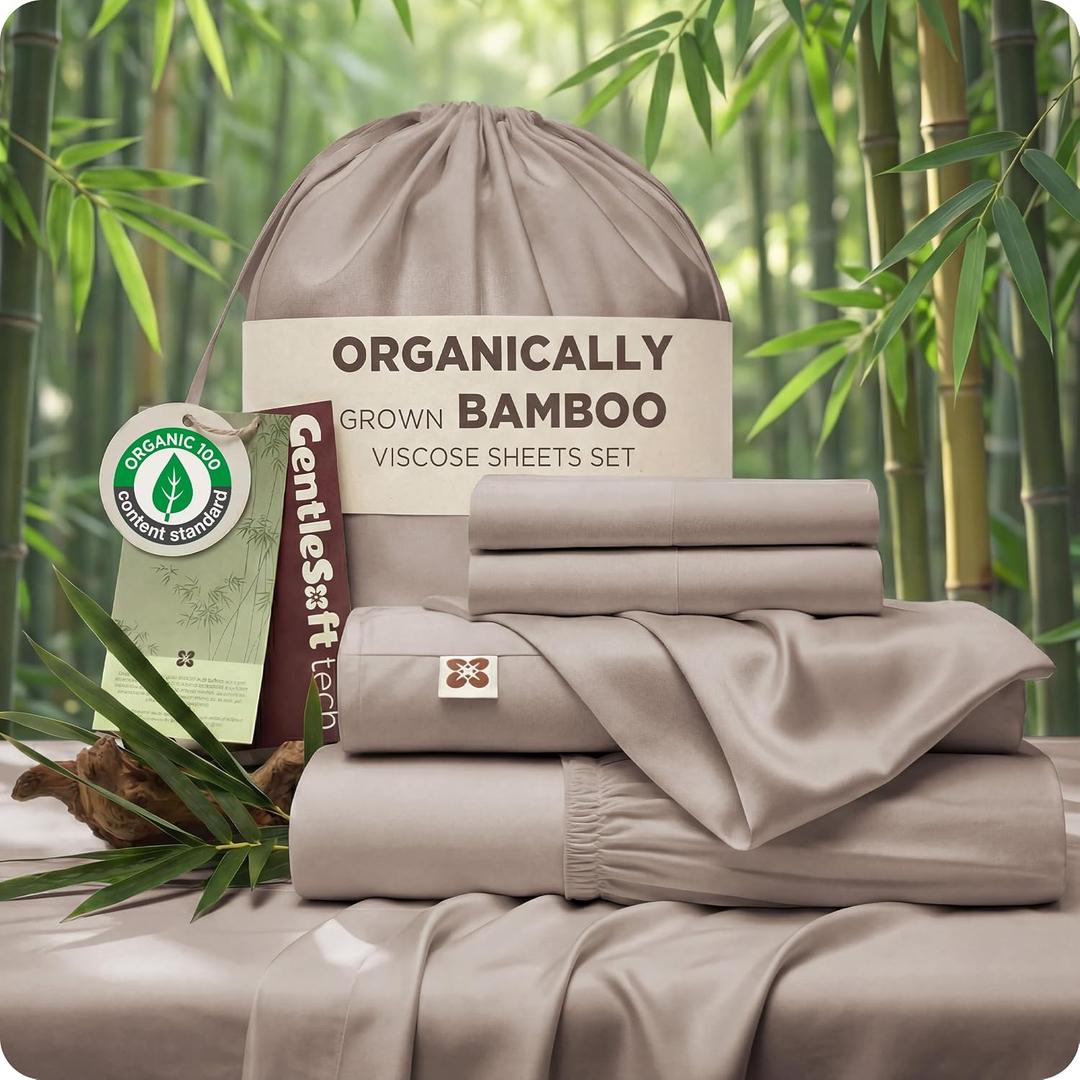 Bedsure 100% Organically Grown Bamboo Viscose King Size Sheets Set | Cooling Bedsheets for Hot Sleepers | Luxury Silky Soft | 18" Deep Pocket with Corner Straps | Oeko-Tex Certified [Light Brown]