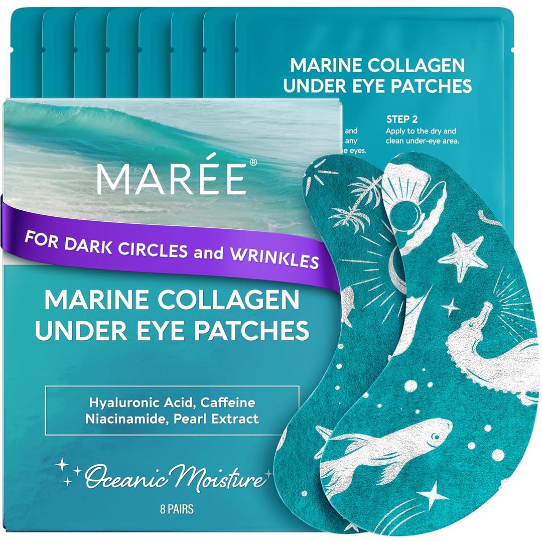 MAREE Hydrating Under Eye Patches for Puffy Eyes and Dark Circles  Marine Collagen & Caffeine Eye Patches  Brightening Eye Patche with Niacinamide  Depuffing Eye Mask for Dark Circles and Puffiness (8 Fl Oz (Pack of 1))