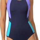 Beautikini Period Swimwear Women's One Piece Menstrual Leakproof Racerback Swimsuit Color Block Bathing Suit for Teens Girls (Navy Blue/Purple/Blue, XS)