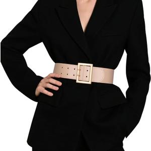 JASGOOD Women Wide Elastic Waist Belt for Dresses Fashion Gold Square Buckle Stretchy Leather Waistband for Ladies (Suit for size 32"-38", Beige)