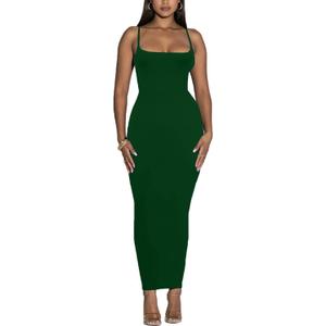 Women's Spaghetti Strap Bodycon Dress - Summer Casual Maxi Club Party Long Tight Slip Dresses (Emerald Green, Small)
