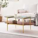 LumFurn Oval Glass Coffee Table, Mid-Century Modern Table for Living Room, L41xW21xH17inch, Clear Glass and Walnut Finish MDF Wood, Gold Finish Frame