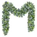 Waipfaru Eucalyptus Garland, 5.9FT Greenery Garland, Green Garland with Flowers, Artificial Faux Silver Dollar Eucalyptus Leaves Vines for Table Home Wedding Mantle Party Indoor Outdoor Decor