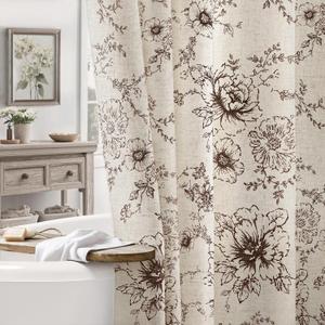Farmhouse Floral Linen Shower Curtain, Vintage Brown Pattern Rustic Shower Curtains for Bathroom, Tan Taupe, 72x84