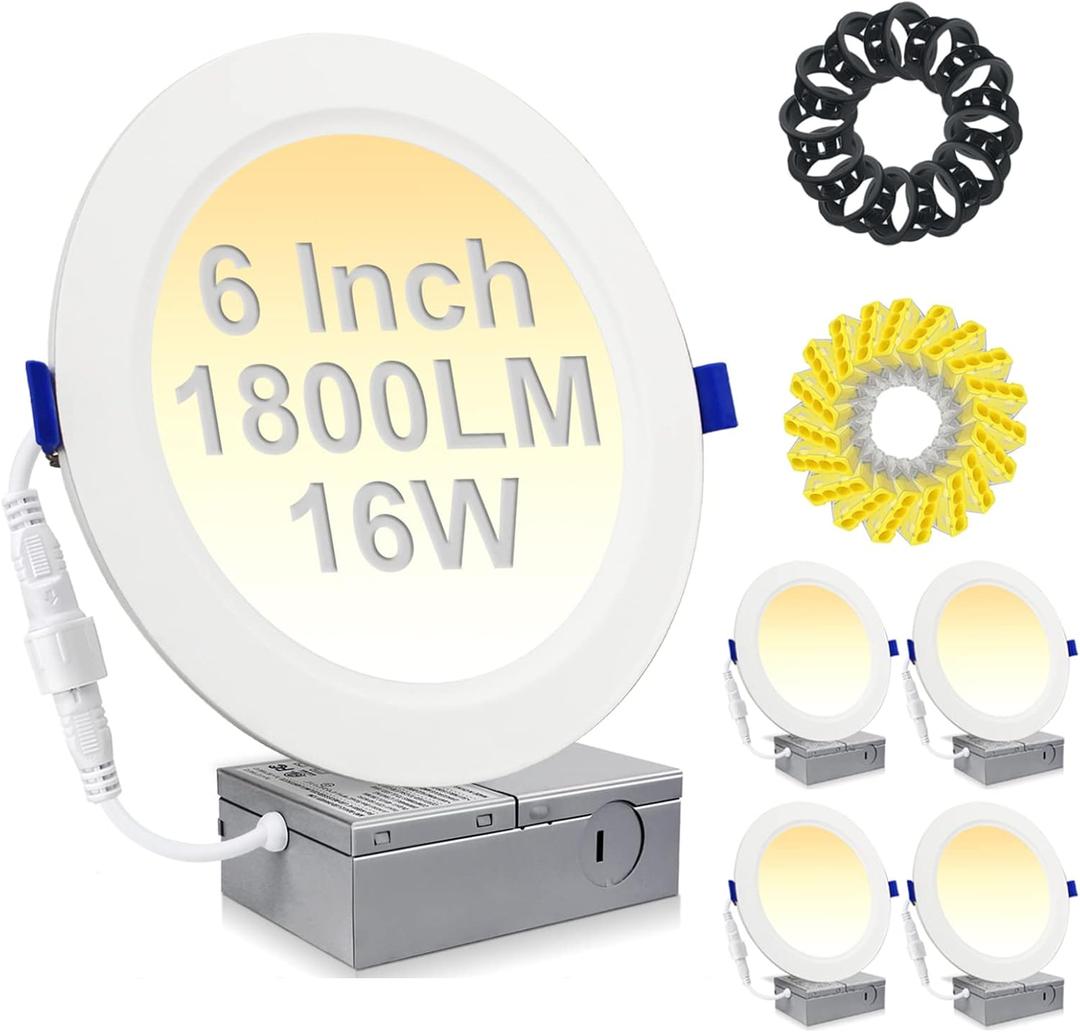 HiBay 4 Pack 6 Inch LED Recessed Ceiling Lights, 1800LM 16W=200W, 5CCT 5000K/4000K/3500K/3000K/2700K Selectable, Dimmable Canless Downlight Fixtures - ETL and Energy Star Certified