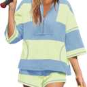 Yanekop Womens 2 Piece Outfits Summer Striped Lounge Set Two Piece Matching Workout Sets Oversized Short Sets Tracksuits (S)
