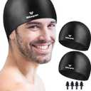 2 x 2 Pack Silicone Swim Cap for Men Women, Unisex Adult Swimming Caps for Short/Long Hair to Keep Hair Dry, Waterproof Bathing Caps for Swimming with Ear Plugs & Nose Clip Set