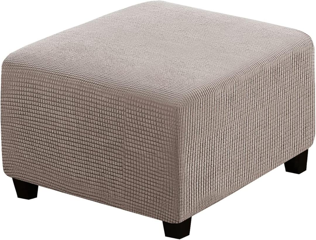 H.VERSAILTEX Square Ottoman Covers Ottoman Slipcovers Folding Storage Stool Furniture Protector Form Fit with Elastic Bottom, Stretch High Spandex Small Checks Jacquard Fabric(Medium,Taupe)