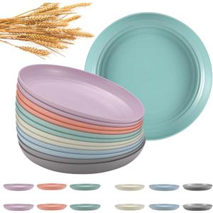 HEYCOME 12 Pcs Unbreakable Deep Dinner Plates Set, 9 inch Reusable Plastic Wheat Straw Plates, Microwave and Dishwasher Safe Plate for Kitchen, Lightweight Plate for Dessert, BPA Free, 6 Colors
