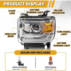Headlight Assembly with LED DRL Compatible with GMC Sierra 2014-2018 1500 | 2015-2019 2500HD/3500HD Base/Denali/SLE/SLT, Headlamp Replacement with LED DRL, with Bulbs, Chrome Housing Amber Reflector