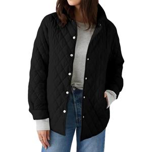GrlasenWomen's Lightweight Quilted Jacket Stand Collar Single-breasted Long Sleeve Warm Oversized Coat with Pockets, Medium , Black 