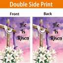 Easter Cross Garden Flag, He is Risen Religious Decorative Flag with Purple Sky Design, Spring Holiday Outdoor Decor 12 x 18 Inch