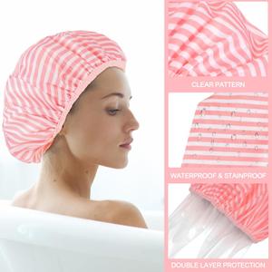  Large Shower Cap, Waterproof Reusable Shower Cap Double Layers Bath Caps with Hair Scrunchies for Long Thick Hair