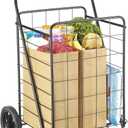 Whitmor Extra Large Utility Foldable Shopping Cart with Wheels, 100 Lb Capacity, Heavy Duty Grocery Cart with Steel Frame, Foam Handle, Rolling Collapsible Utility Trolley for Grocery, Laundry, Black
