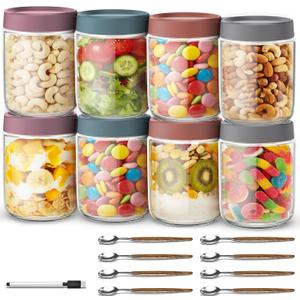 Homeli 8 Pack 16 oz Overnight Oats Containers with Lids & 8 Spoons, Wide Mouth Overnight Oats Jars with Airtight Lids, Overnight Oats Container for Food Storage, Yogurt, Snacks, Spices, Sugar, etc.