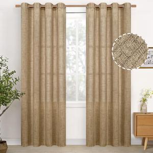 YoungsTex Burlap Linen Curtains 84 Inch Length for Living Room, Textured Tan Semi Sheer Drapes with Bronze Grommet Light Filtering for Farmhouse Bedroom, Toffee, 2 Panels, 52 X 84 Inch