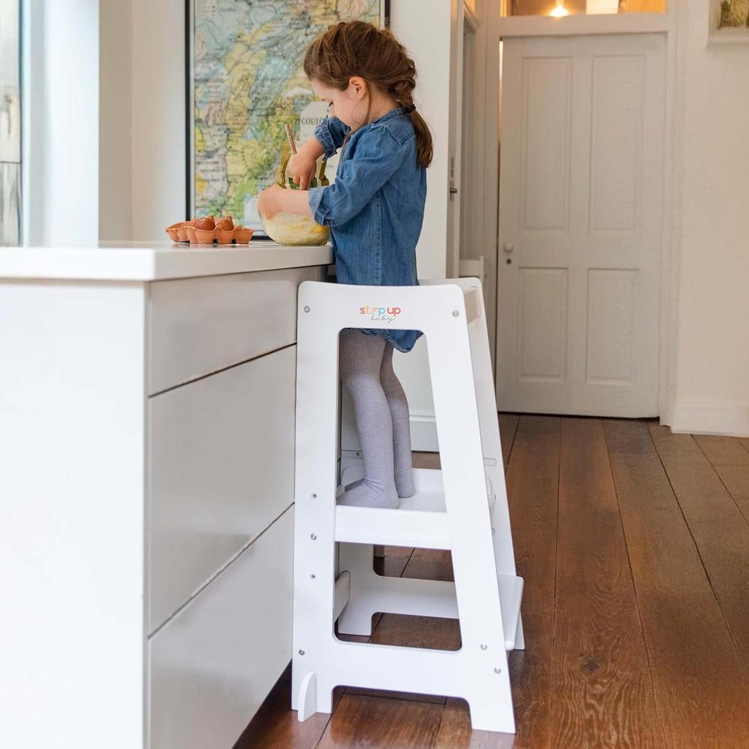 Stepup Baby Toddler Tower - Kids Helper Step Stool & Safety Rail for Child & Adjustable Height, Durable Non-Slip Platform for Kitchen & Bathroom Sink, Easy Assembly Toddlers Tower - White