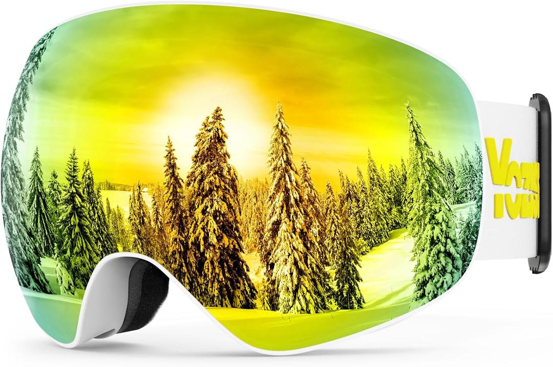 Ski Goggles Men Women,OTG Snowboard Goggles Over Glasses,Anti Fog Winter Sports Goggles for Snowboard Snowmobile (Yellow-spherical-vlt 18%)