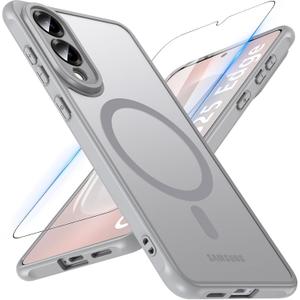 OWKEY for Samsung Galaxy S25 Edge Case 6.7'', Magnetic S25 Edge Case for Magsafe with Tempered Glass Screen, [Shockproof Military] Translucent Back Slim Bumper Cover Phone Case Galaxy s25 Edge, Gray