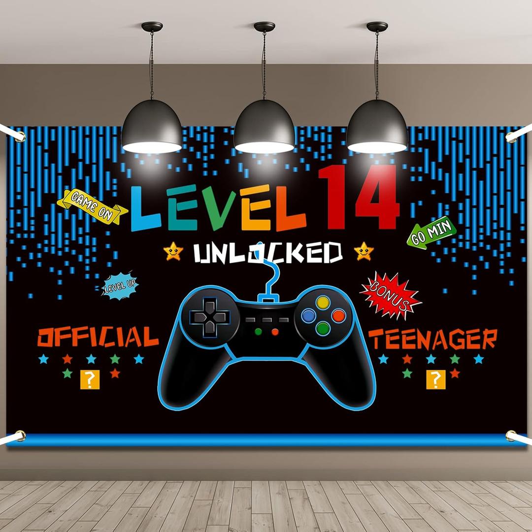 Video Game Birthday Decorations 8 9 10 11 12 13 14th Birthday Decorations for Boys Gaming Theme Photo Props Backdrop Banner Teenager Party Decoration(Level 14)
