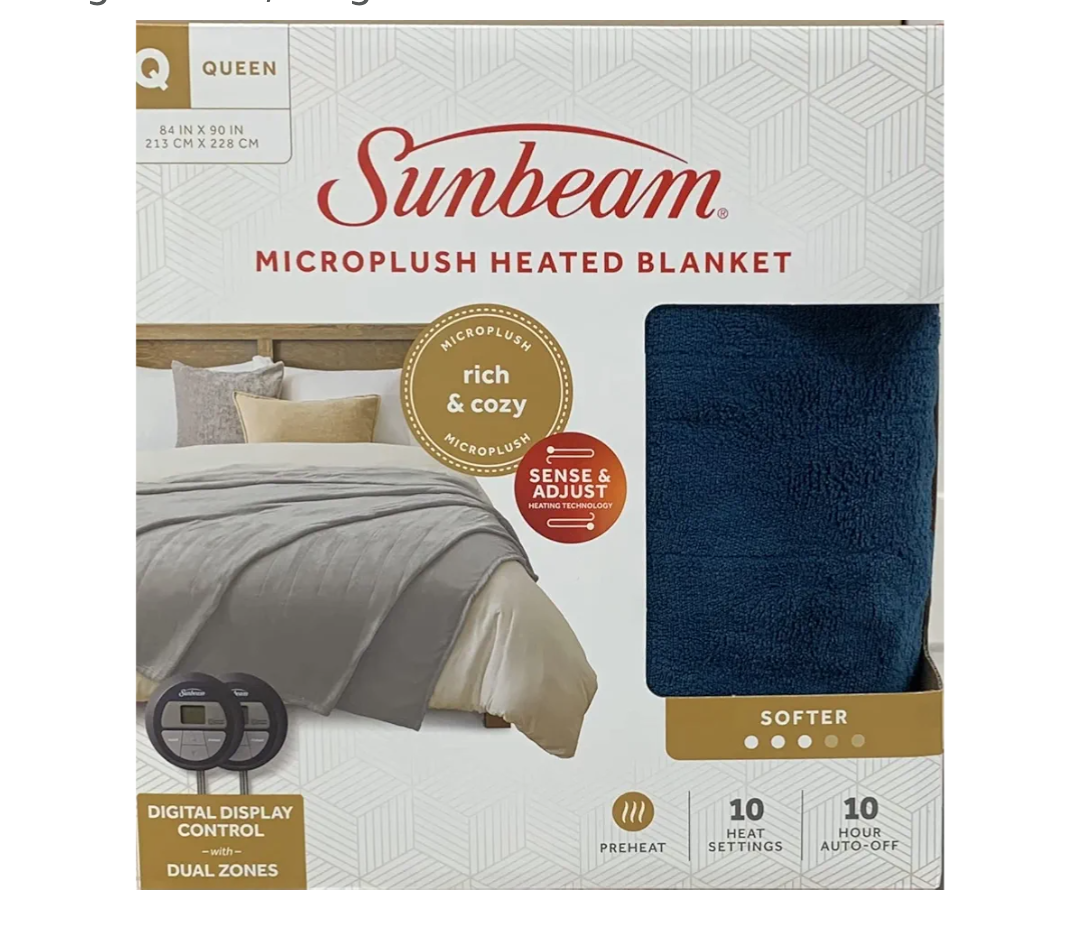 Sunbeam Microplush Queen Electric Heated Blanket with Preheat Feature Two Digital Controller 10-Heat Settings Auto Shut-Off , UL Certified for Safety, Legion Blue, King