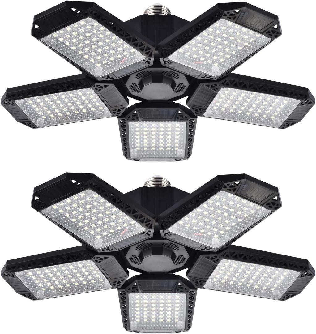 2 Pack LED Garage Lights, 120W Deformable LED Garage Ceiling Light with 5 Adjustable Panels, 12000LM E26 Shop Lamp for Basement, Barn, High Bay, Store (2 Pack)