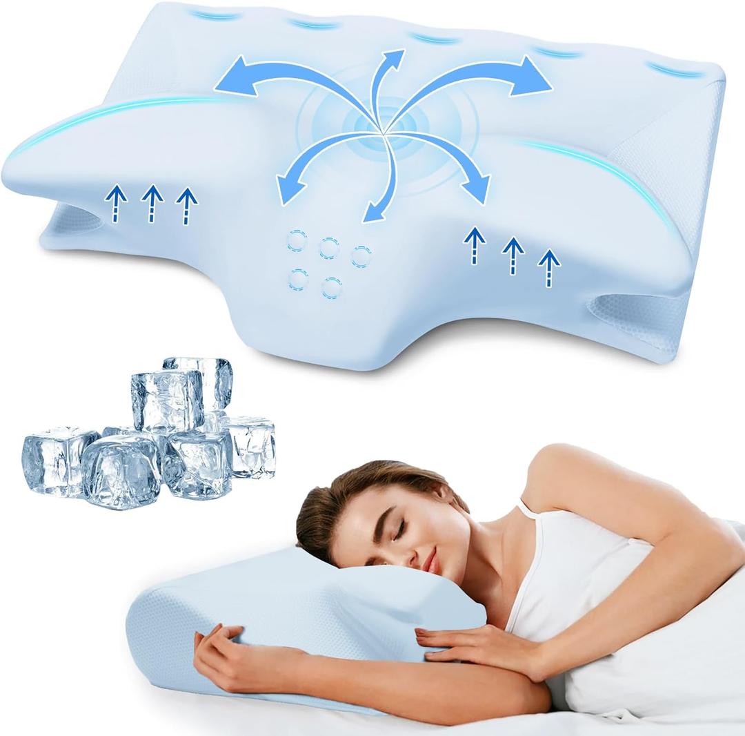 Cervical Neck Pillow for Pain Relief,Ergonomic Contour Memory Foam Pillows for Sleeping,Cooling odorless Neck Support Pillow for Side Back Stomach Sleeper,with Washable Pillowcase,Blue (Queen)
