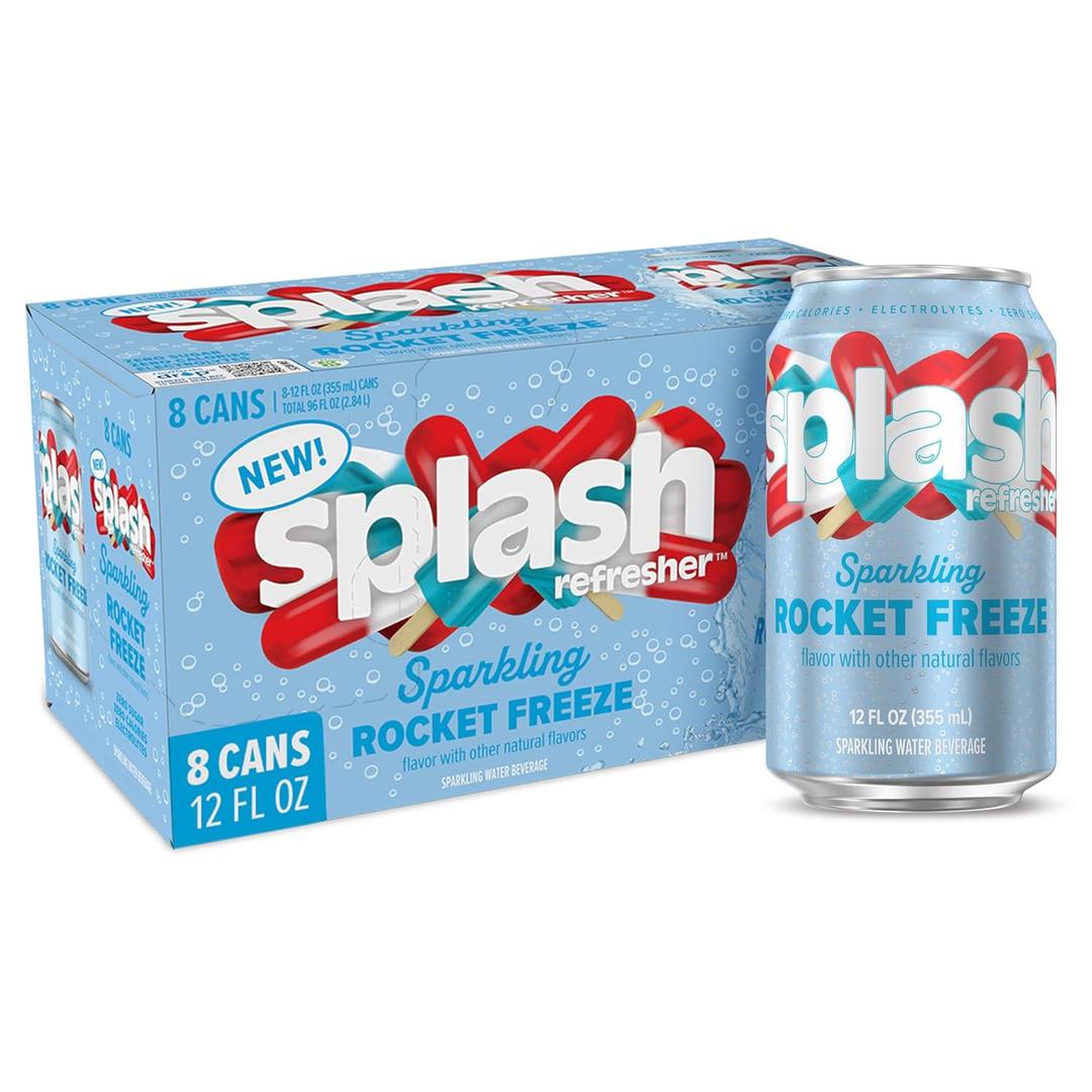 SPLASH REFRESHER Sparkling Water, Rocket Freeze - 8-Pack, 12 Fl Oz Cans - Flavored Carbonated Seltzer Water with Electrolytes, Zero Sugar & Zero Calories