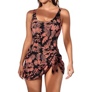 Eomenie One Piece Swimdress Swimsuits for Women Tummy Control Swim Dresses Skirt Bathing Suit (X-Large, Black Pink Print)