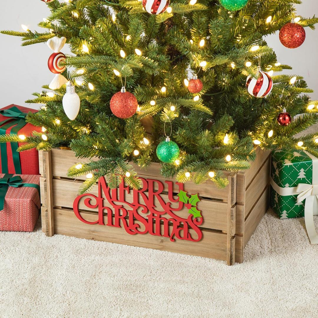 Glitzhome 24" L Wooden Crate Tree Collar, Natural Wooden Merry Christmas Christmas Tree Base Cover Farmhouse Christmas Tree Collar Decorative Christmas Tree Skirt Collar