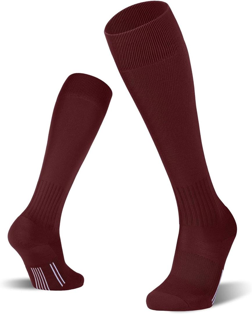FITRELL 2/3 Pack Soccer Socks Baseball Softball For Youth Kids Boys Girls, Over-The-Calf Football Socks for Adult Men Women (Maroon, Medium)