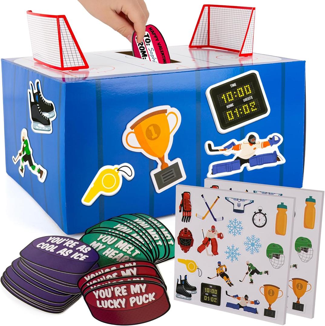 ArtCreativity Hockey Valentine Craft Box for Kids - Make Your Own Valentine Mailbox Kit for Boys & Girls - Includes 30 Cards, Box, 18 Decorative Foam Pieces - Cute Crafts Supplies