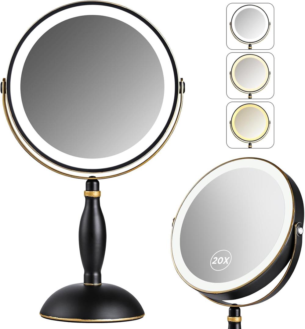 Lighted Makeup Mirror, 20x Magnifying Rechargeable Double Side Vanity Mirror, 3 Color Lights with Brightness Adjustable, Matte Black with Gold Trim, Modern Style Side Touch + Side Charge, Women's Gift