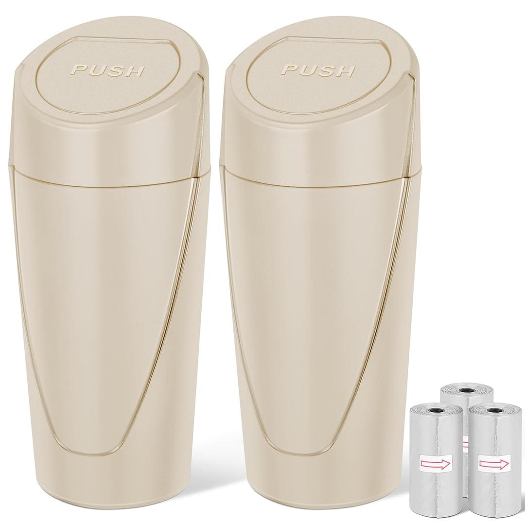 Car Trash Can, 2 Packs Mini Car Garbage Can Cup Holder with Lid | Leakproof Car Trash Bin with 60 Trash Bags, Vehicle Front Back Seat Organizers and Storage for Car, Home, Office, Beige