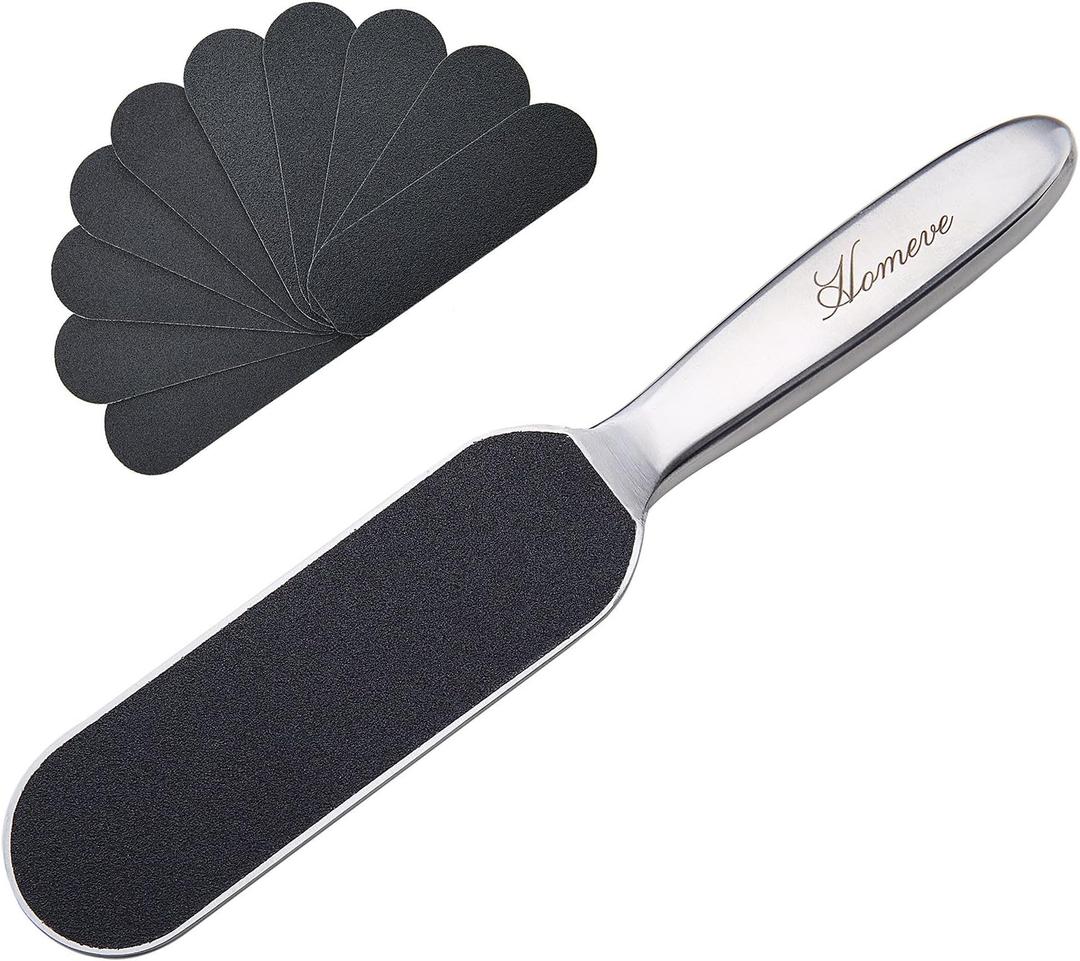 Homeve Professional Pedicure Foot File - Reusable Stainless Steel Cracked Skin Corns Callus Remover Feet Rasp with 10 Replaceable Pads Coarse-Fine