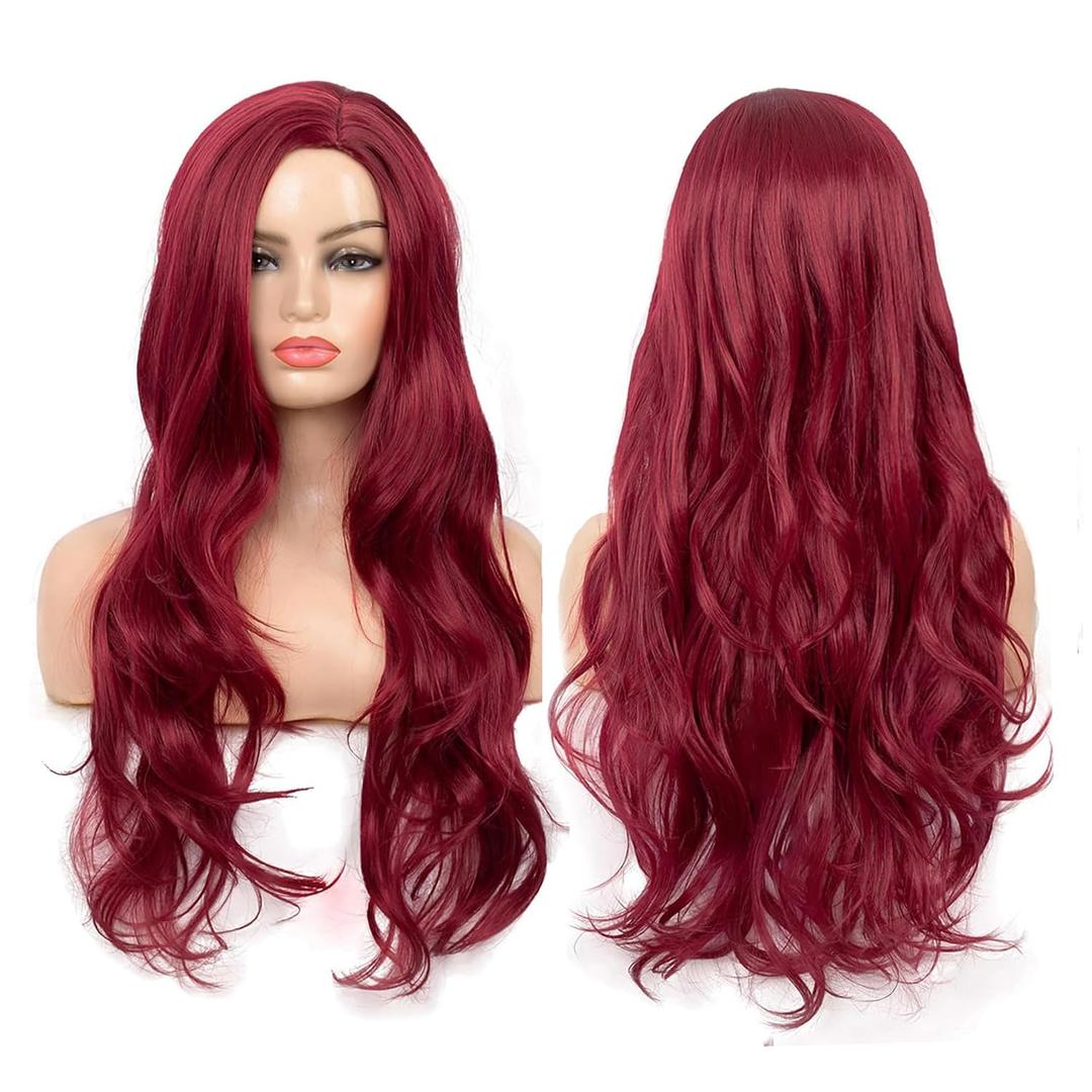 Baruisi Long Curly Wavy Wine Red Wigs for Women Side Part Natural Looking Cosplay Synthetic Fiber Wig Heat Resistant Replacement Wig