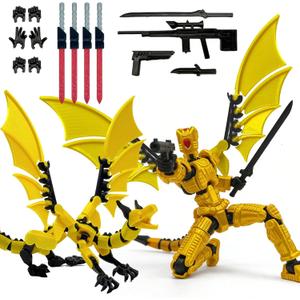Pre-Assembled T13 3D Printed Robot Action Figure Set with Dragon, Multi-Jointed Movable Toy with Accessories & Weapons, Collectible Action Figures for Boys and Gamers (Gold)