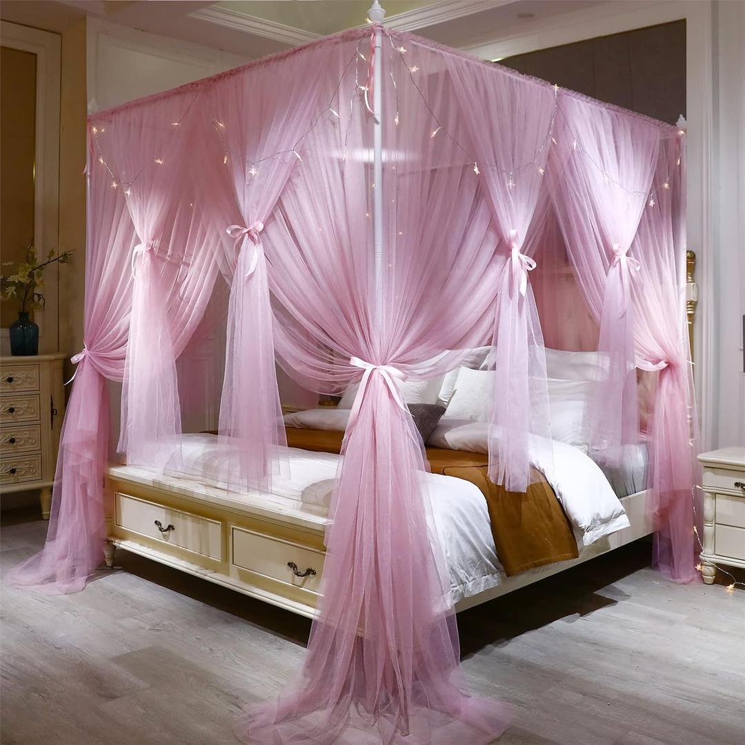 VETHIN 4 Corners Post Princess Bed Canopy Curtain Double Layer Cozy Drape Netting 4 Opening Mosquito Net for Girls & Adults Bedroom Decoration Accessories (Double Pink, 78" Wx86" Lx82"xH/(King))