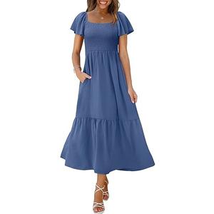Summer Dresses for Women Square Neck Ruffle Sleeve Smocked Maxi Dress with Pockets 3XL